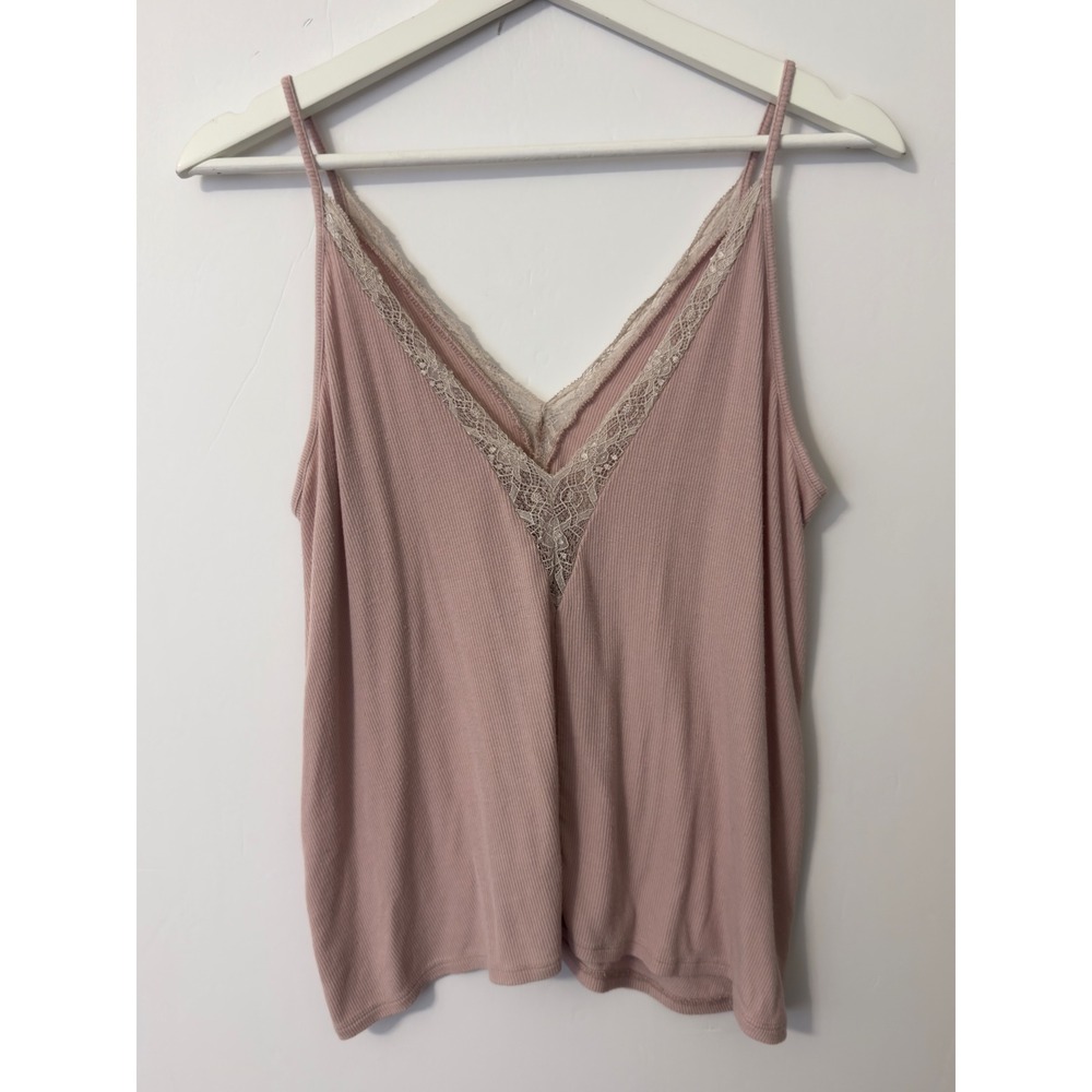 American Eagle Lace Trim Ribbed Cami Y2K Women M Rose Pink‎ V-Neck Tank